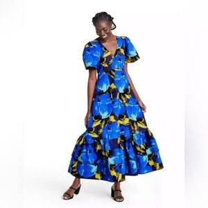 Christopher John Rogers Blue and Yellow Patterned Dress